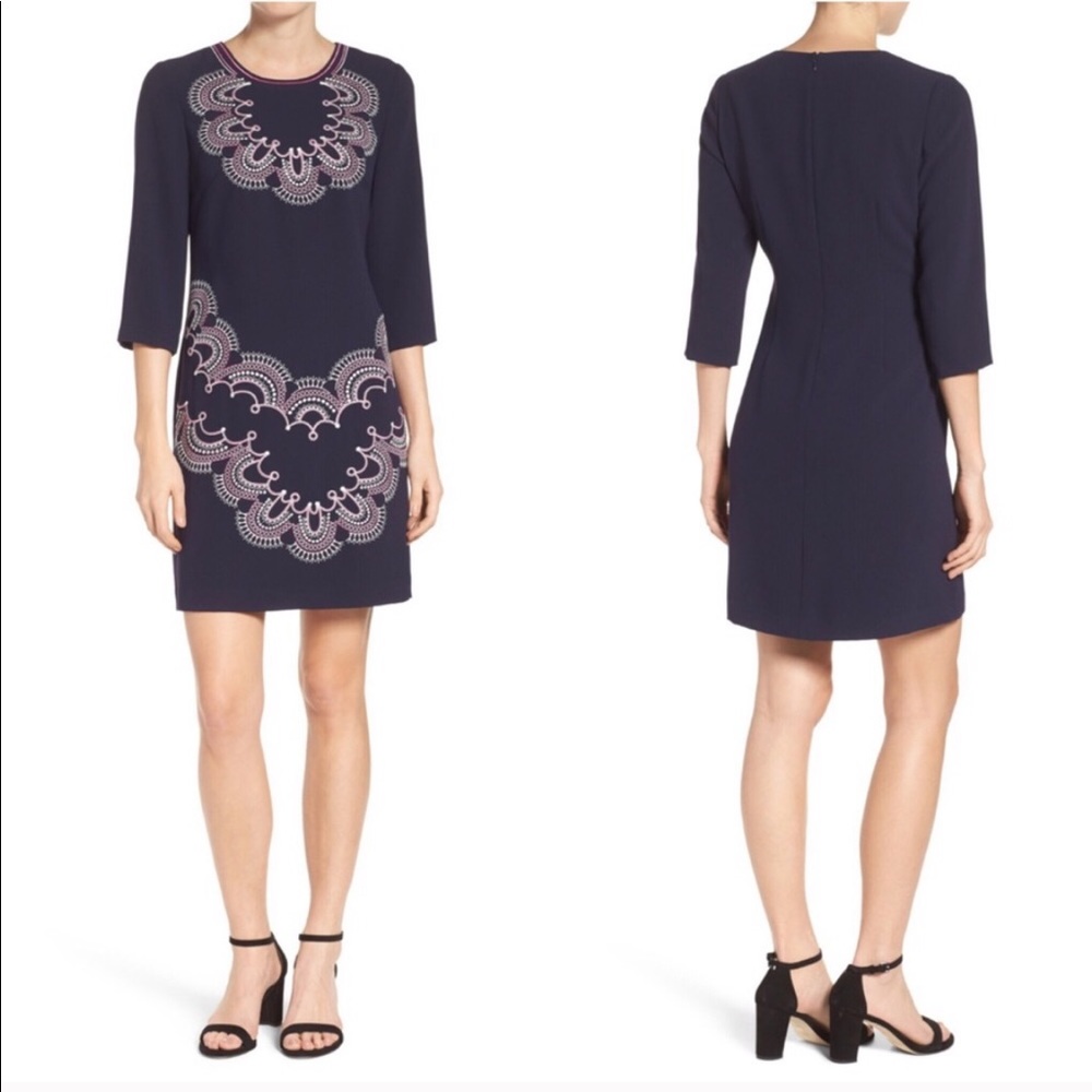 Eliza J Paisley Embroider Shift Dress Long Sleeve